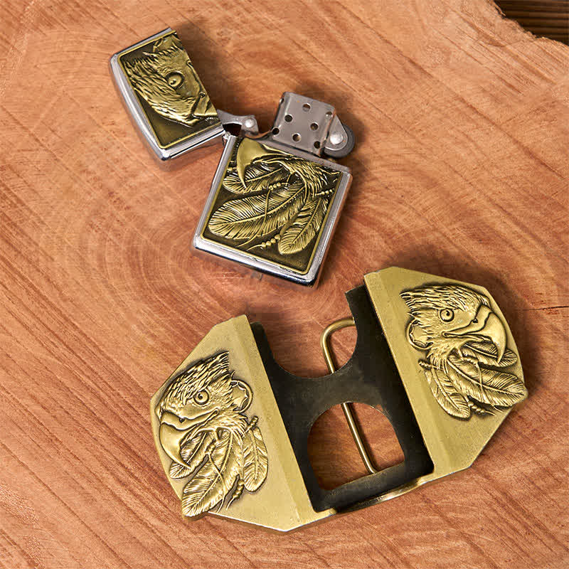 Cintura in pelle fai da te da uomo con tripla aquila in bronzo e accendino nascosto - image 1