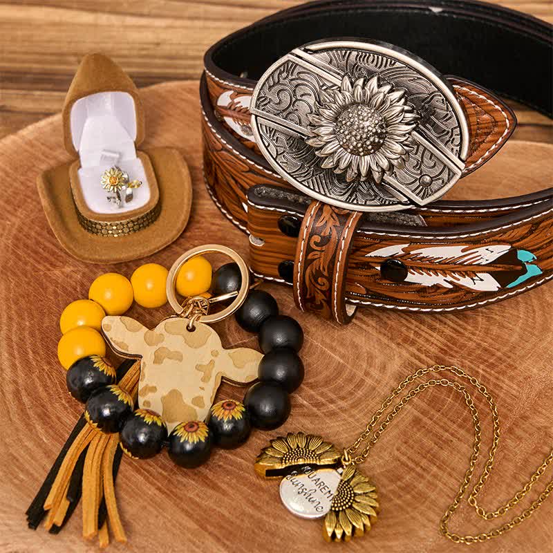 Set di braccialetti con collana e fibbia per cintura con coltello nascosto fai da te a tema girasole - Girasole - Cintura di piume marroni - 40 - image 0