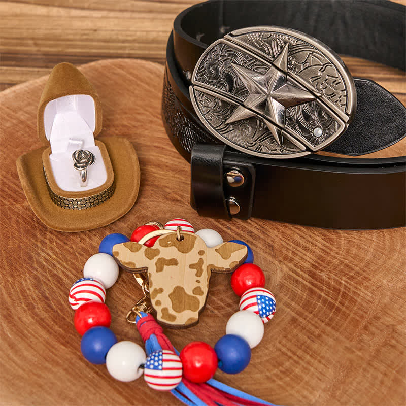 Set di braccialetti con bandiera americana, collana e fibbia per cintura con coltello nascosto fai da te a forma di stella - Stella - Cintura con aquila in rilievo nera - 42 - image 3
