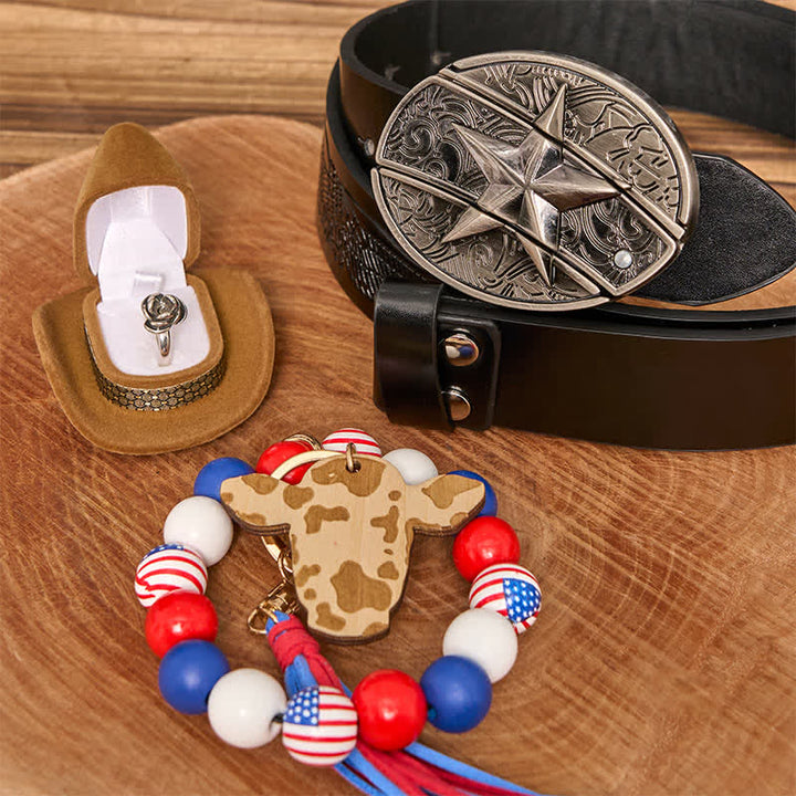 Set di braccialetti con bandiera americana, collana e fibbia per cintura con coltello nascosto fai da te a forma di stella - Stella - Cintura con aquila in rilievo nera - 42 - image 3