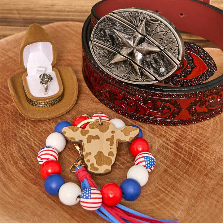 Set di braccialetti con bandiera americana, collana e fibbia per cintura con coltello nascosto fai da te a forma di stella - Stella - Cintura marrone intagliata - 42 - image 6
