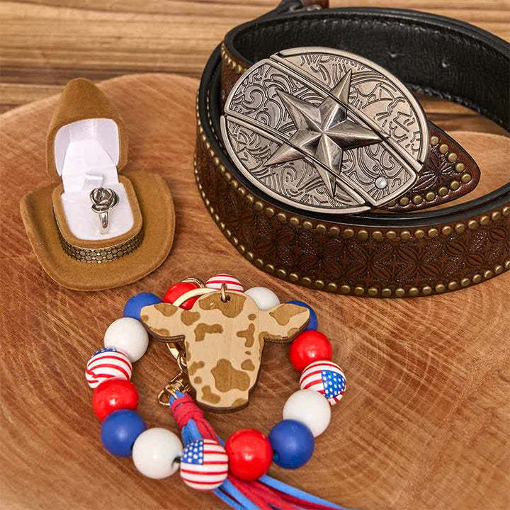 Set di braccialetti con bandiera americana, collana e fibbia per cintura con coltello nascosto fai da te a forma di stella - Stella - Cintura con rivetti marroni - 42 - image 5
