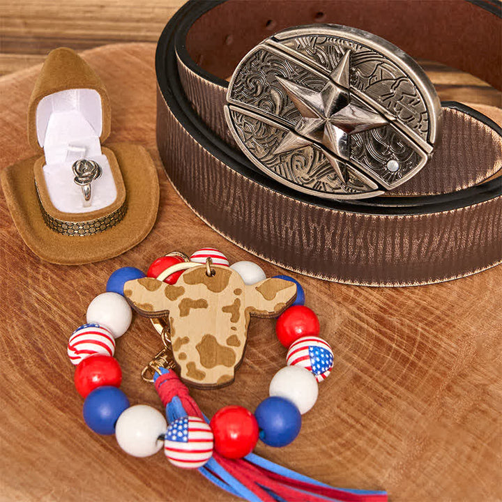 Set di braccialetti con bandiera americana, collana e fibbia per cintura con coltello nascosto fai da te a forma di stella - Stella - Cintura marrone anticata - 42 - image 0