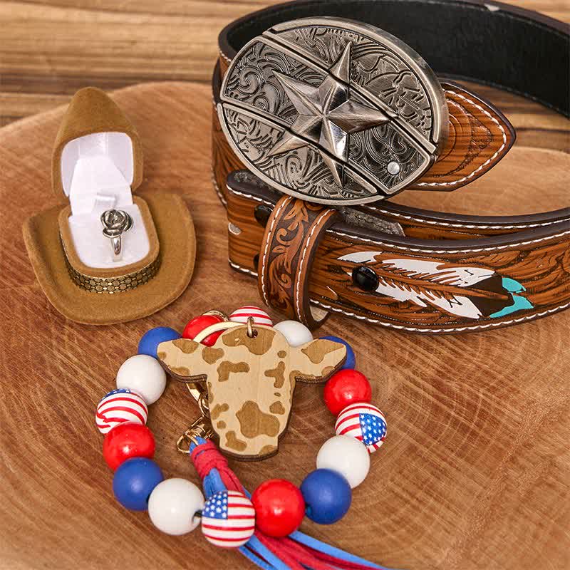 Set di braccialetti con bandiera americana, collana e fibbia per cintura con coltello nascosto fai da te a forma di stella - Stella - Cintura di piume marroni - 40 - image 7