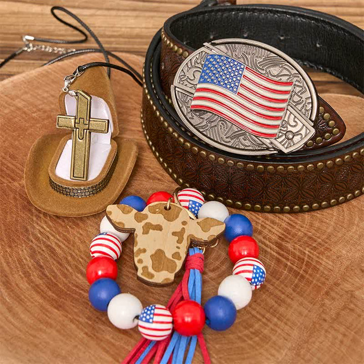 Set di braccialetti con fibbia per cintura, collana e croce con coltello nascosto fai da te con bandiera americana - bandiera americana - Cintura con rivetti marroni - 42 - image 4