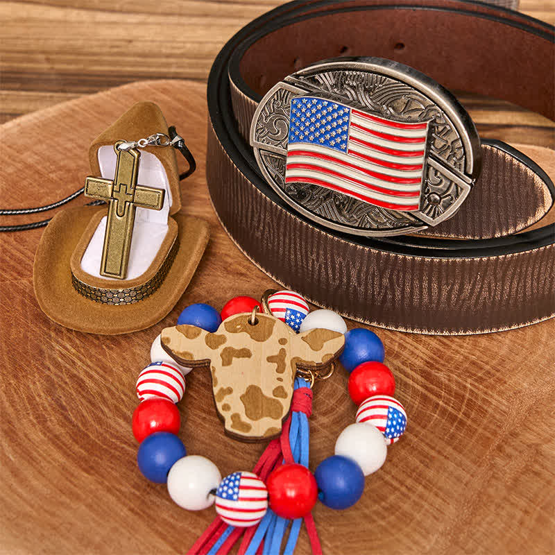 Set di braccialetti con fibbia per cintura, collana e croce con coltello nascosto fai da te con bandiera americana - bandiera americana - Cintura marrone anticata - 42 - image 5