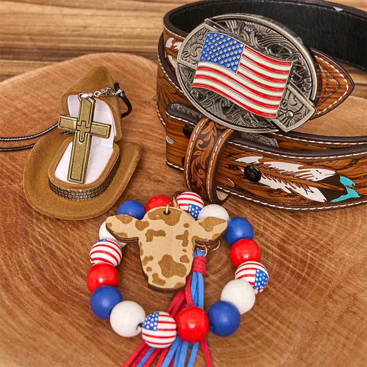 Set di braccialetti con fibbia per cintura, collana e croce con coltello nascosto fai da te con bandiera americana - bandiera americana - Cintura di piume marroni - 40 - image 7