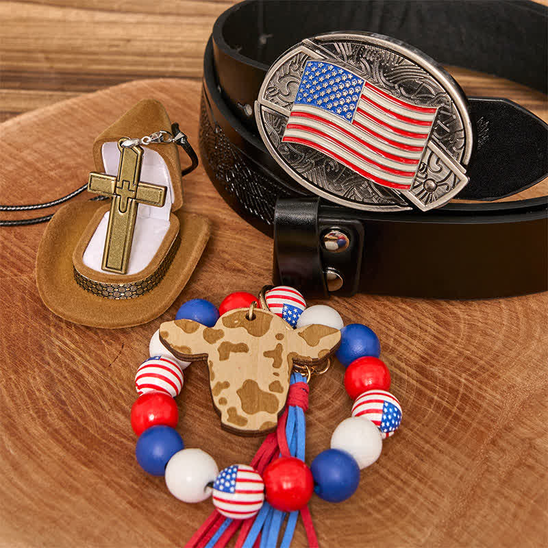 Set di braccialetti con fibbia per cintura, collana e croce con coltello nascosto fai da te con bandiera americana - bandiera americana - Cintura con aquila in rilievo nera - 42 - image 0