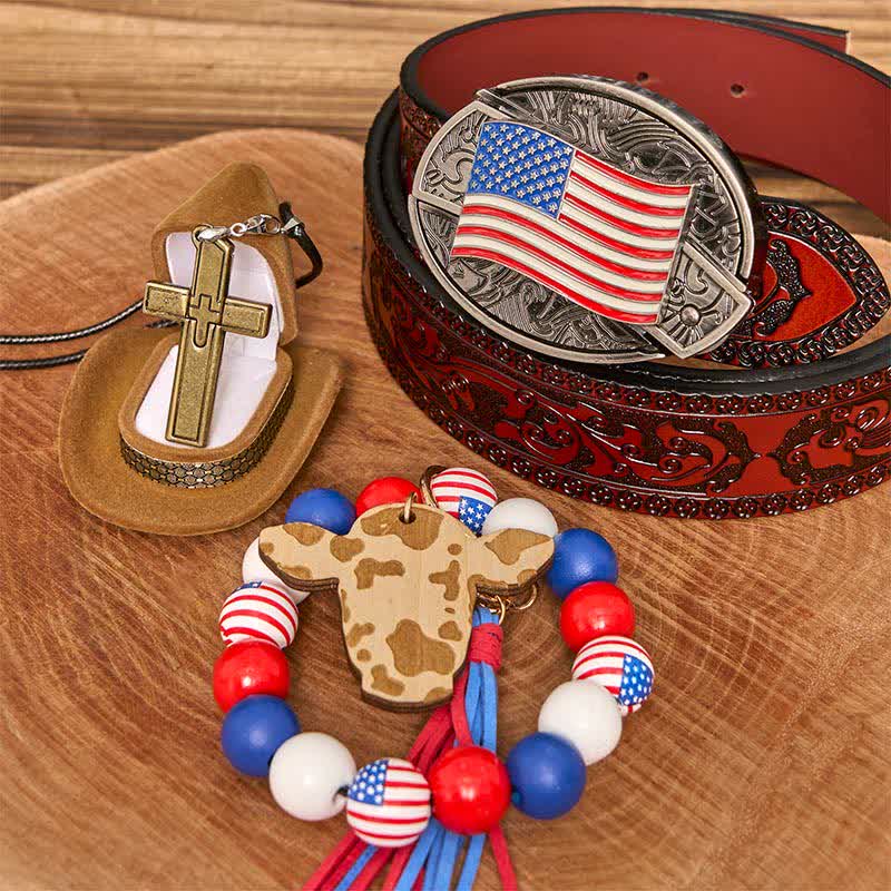 Set di braccialetti con fibbia per cintura, collana e croce con coltello nascosto fai da te con bandiera americana - bandiera americana - Cintura marrone intagliata - 42 - image 6