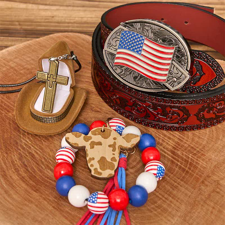 Set di braccialetti con fibbia per cintura, collana e croce con coltello nascosto fai da te con bandiera americana - bandiera americana - Cintura marrone intagliata - 42 - image 6