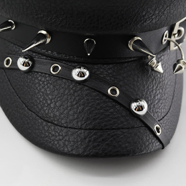Cappello basco in pelle nera con rivetti punk da donna, blu navy - image 4