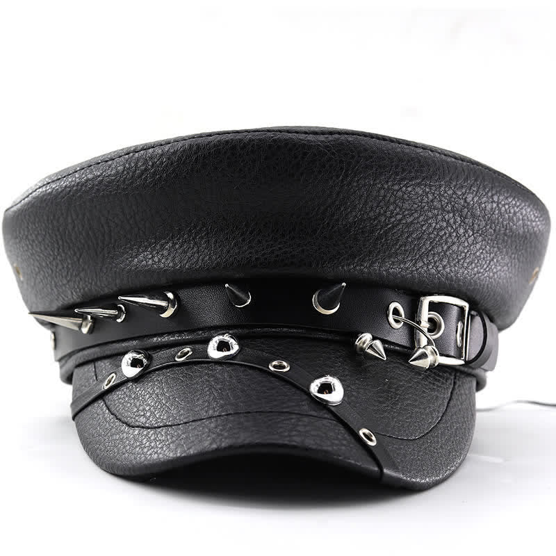 Cappello basco in pelle nera con rivetti punk da donna, blu navy - image 1