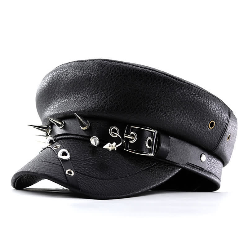 Cappello basco in pelle nera con rivetti punk da donna, blu navy - Nero - M (22"-22 7/8") - image 0