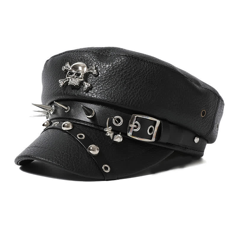 Cappello basco in pelle nera con teschio e rivetti blu navy da donna - Nero - M (22"-22 7/8") - image 0