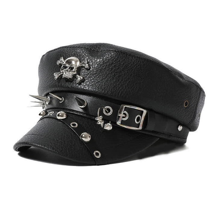 Cappello basco in pelle nera con teschio e rivetti blu navy da donna - Nero - M (22"-22 7/8") - image 0