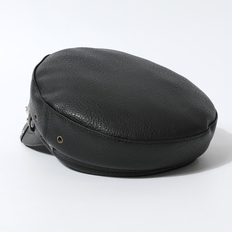 Cappello basco in pelle nera con teschio e rivetti blu navy da donna - image 3
