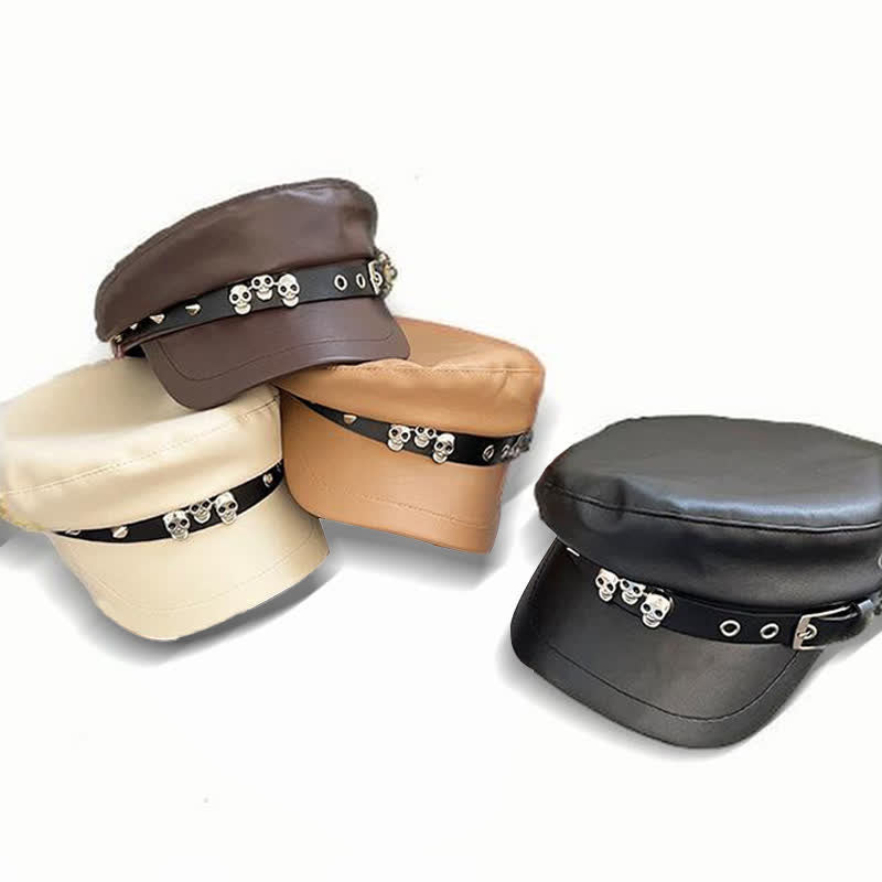 Cappello basco unisex in pelle con teschio borchiato in stile scuro - image 1