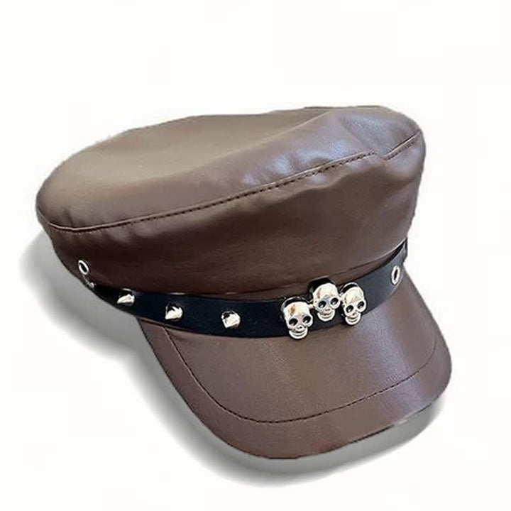 Cappello basco unisex in pelle con teschio borchiato in stile scuro - image 2