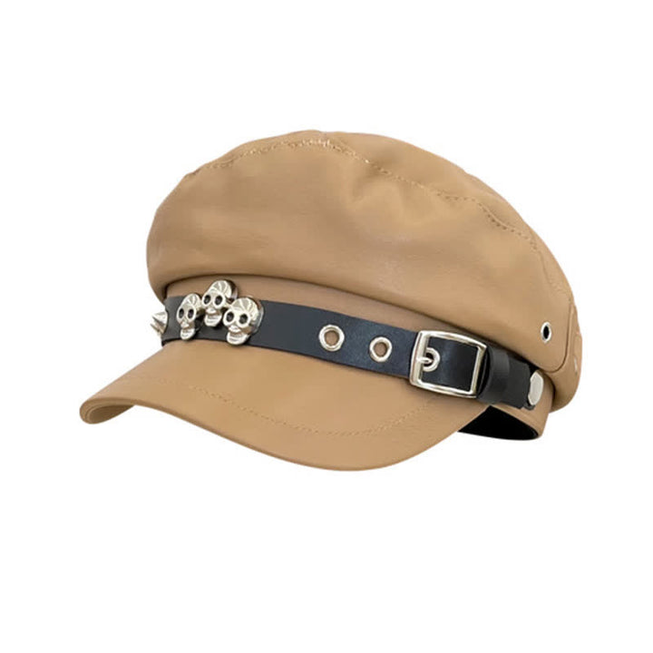 Cappello basco unisex in pelle con teschio borchiato in stile scuro - Cachi - M (22"-22 7/8") - image 11