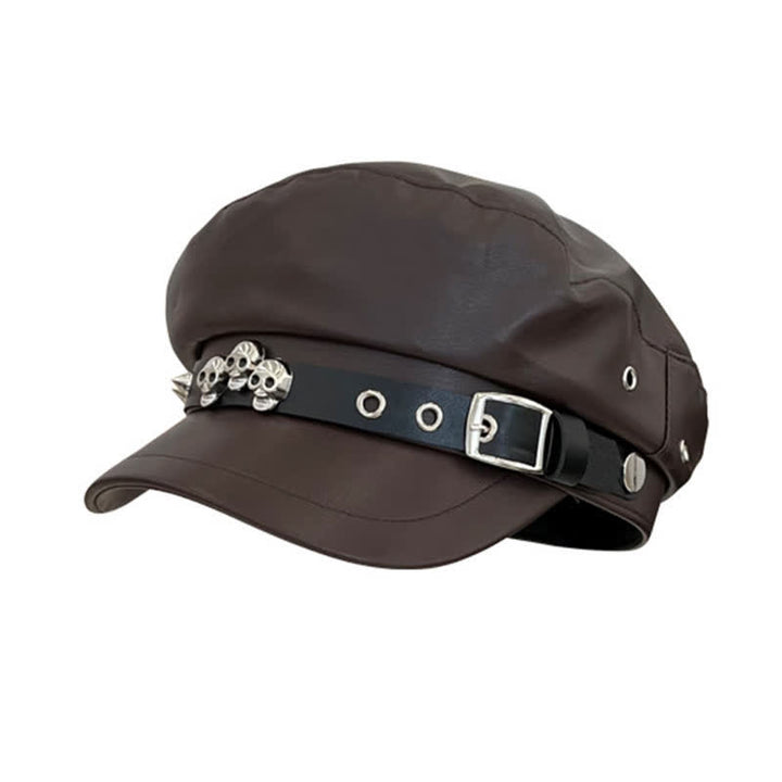 Cappello basco unisex in pelle con teschio borchiato in stile scuro - Caffè - M (22"-22 7/8") - image 0