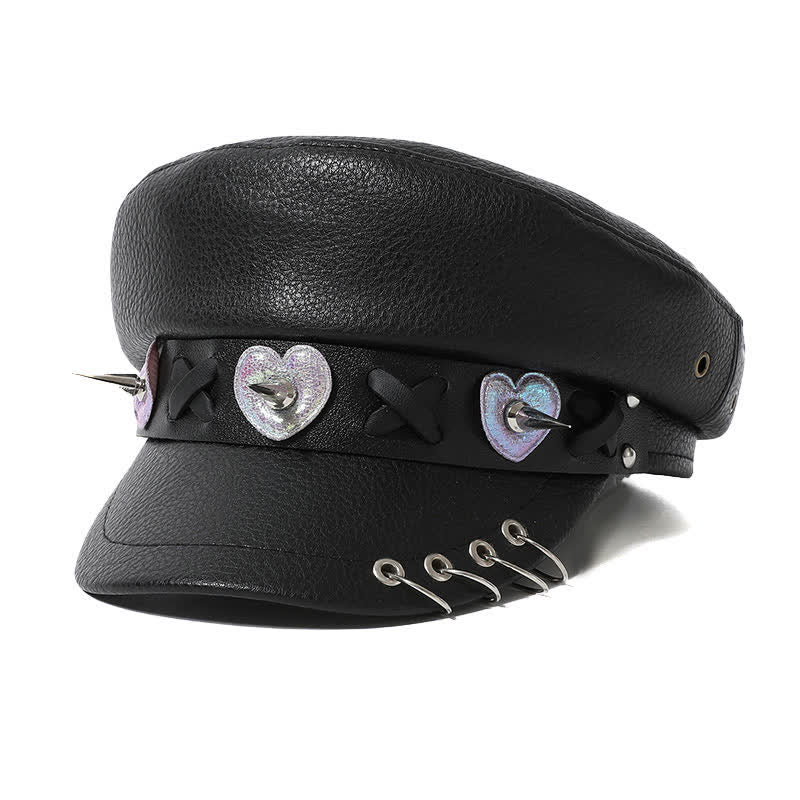Cappello basco in pelle nera con borchie a forma di cuore in stile hip-hop - Stile n. 1 - M (22"-22 7/8") - image 0
