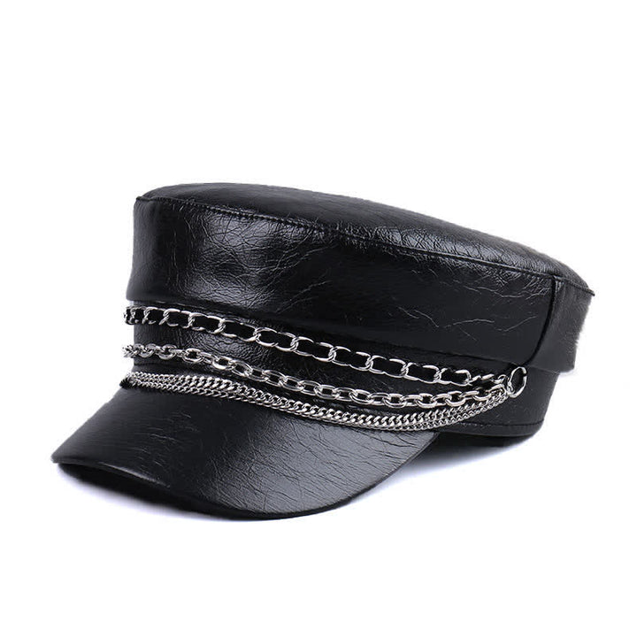Cappello basco da donna in pelle nera con catena decorata e parte superiore piatta - Nero - M (22"-22 7/8") - image 0