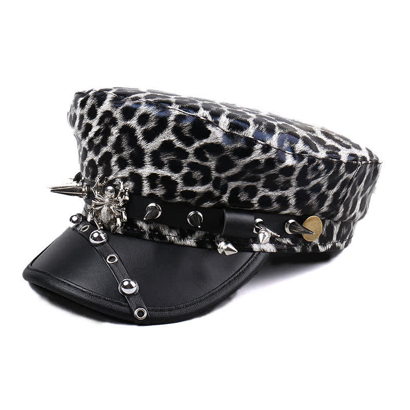 Cappello basco da donna in pelle con stampa leopardata e decorazioni con rivetti - Stile n. 1 - Nero - M (22"-22 7/8") - image 4