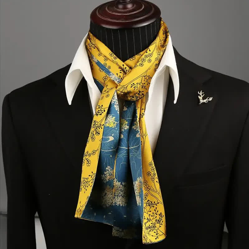 Sciarpa lunga e sottile in seta con motivo floreale blu e giallo, lussuosa da uomo - Blu e giallo - image 0