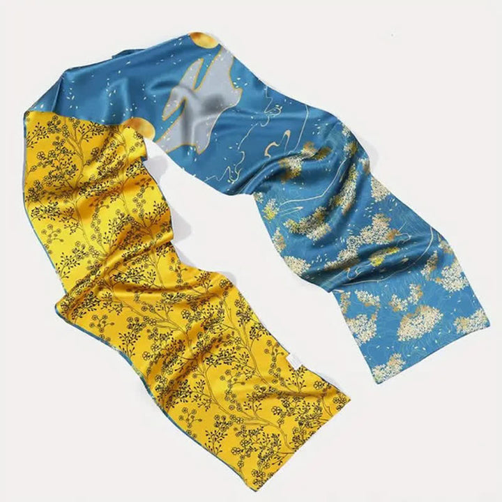 Sciarpa lunga e sottile in seta con motivo floreale blu e giallo, lussuosa da uomo - image 5