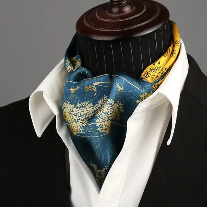 Sciarpa lunga e sottile in seta con motivo floreale blu e giallo, lussuosa da uomo - image 2
