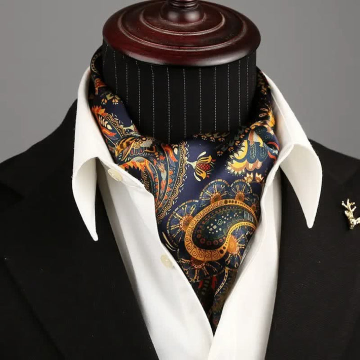 Sciarpa lunga e sottile in seta reversibile con motivo Paisley blu navy e oro da uomo - image 4