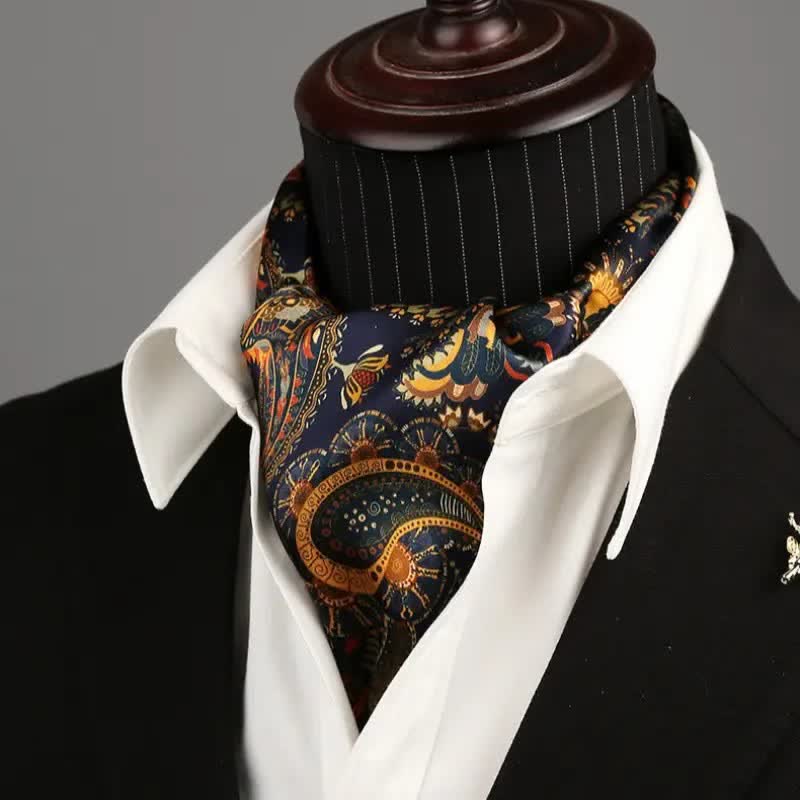 Sciarpa lunga e sottile in seta reversibile con motivo Paisley blu navy e oro da uomo - image 0