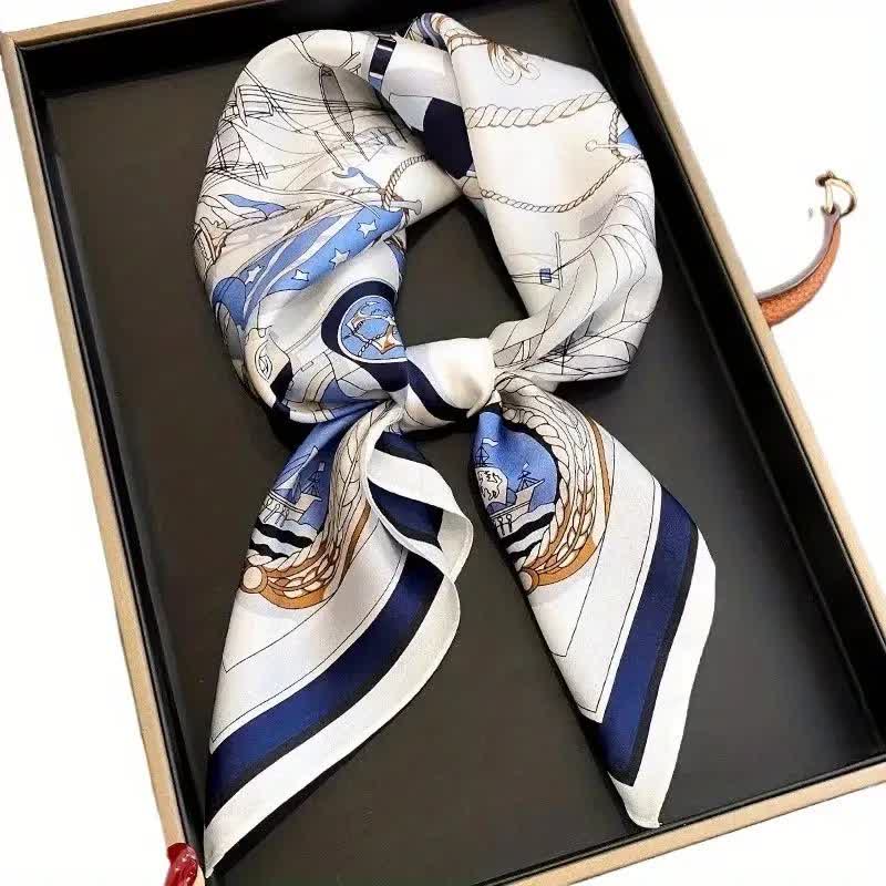 Cravatta quadrata in seta di lusso da uomo con motivo nautico - Bianco e blu - image 1