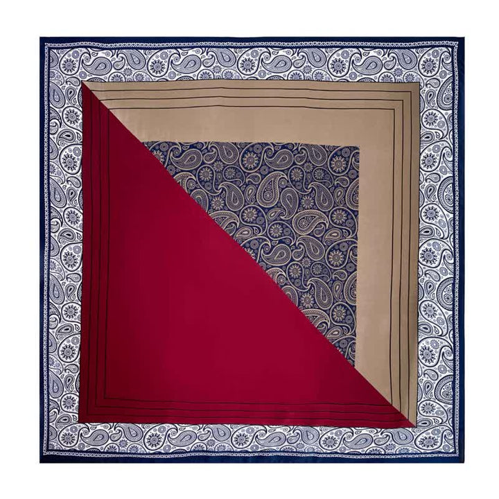 Sciarpa quadrata in seta imitata con elegante motivo Paisley da uomo, in tinta unita - Borgogna e blu navy - image 1