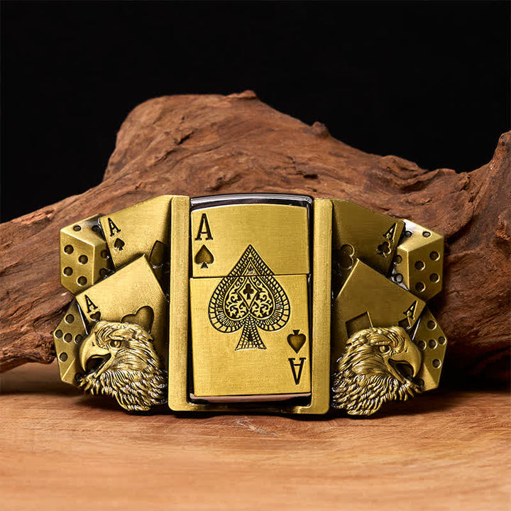 Fibbia per cintura in pelle dorata Eagle Ace fai da te da uomo con accendino nascosto - Aquila e Poker - Senza cintura - Cintura non inclusa - image 0