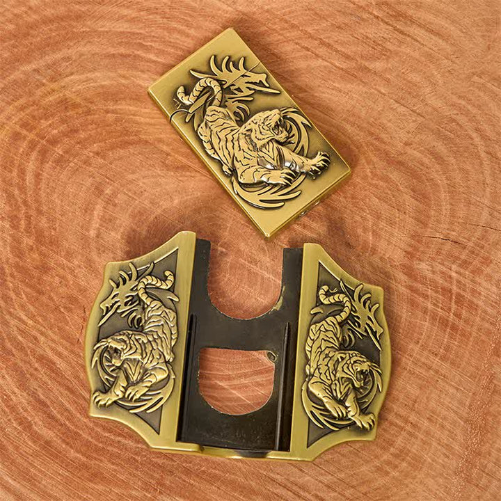Cintura da uomo in pelle fai da te con tripla tigre in bronzo e accendino nascosto - image 8