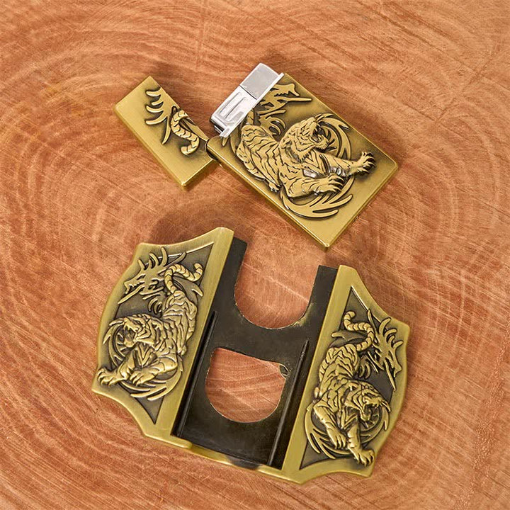 Cintura da uomo in pelle fai da te con tripla tigre in bronzo e accendino nascosto - image 9