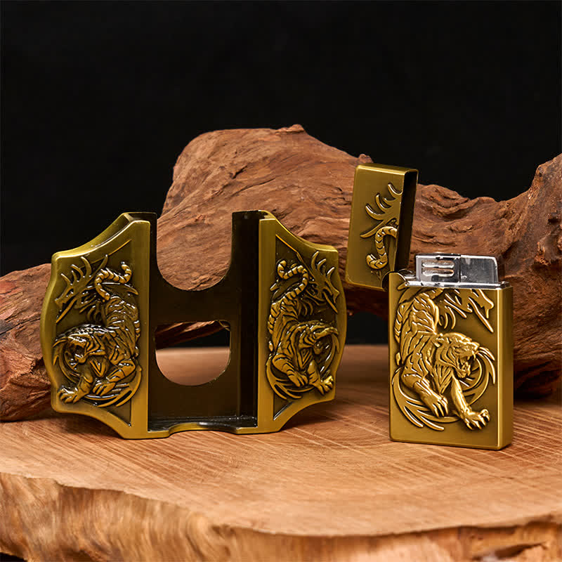 Cintura da uomo in pelle fai da te con tripla tigre in bronzo e accendino nascosto - image 1