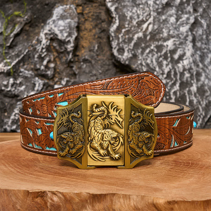 Cintura da uomo in pelle fai da te con tripla tigre in bronzo e accendino nascosto - Tigre - Cintura intagliata turchese - 42 - image 3