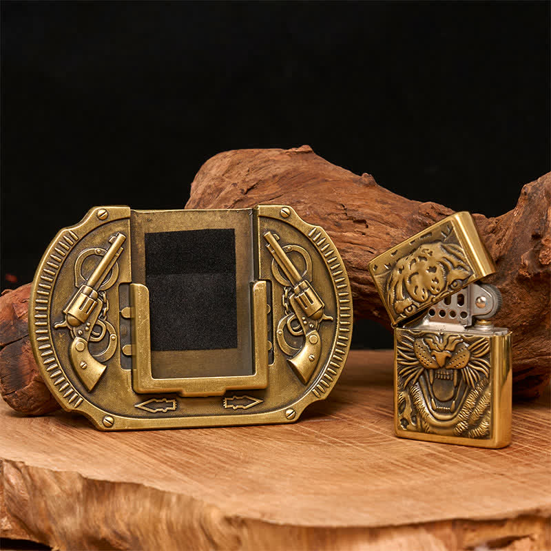 Cintura in pelle da uomo fai da te con tigre in bronzo e accendino nascosto - image 1