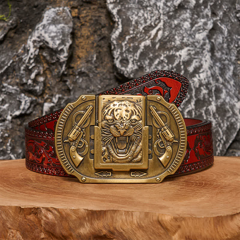 Cintura in pelle da uomo fai da te con tigre in bronzo e accendino nascosto - Tigre - Cintura marrone intagliata - 42 - image 6