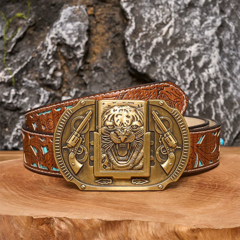 Cintura in pelle da uomo fai da te con tigre in bronzo e accendino nascosto - Tigre - Cintura intagliata turchese - 42 - image 3