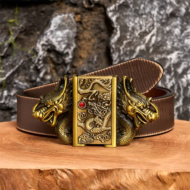 Cintura in pelle fai da te da uomo con doppi draghi in bronzo e accendino nascosto - Drago - Cintura marrone anticata - 42 - image 8