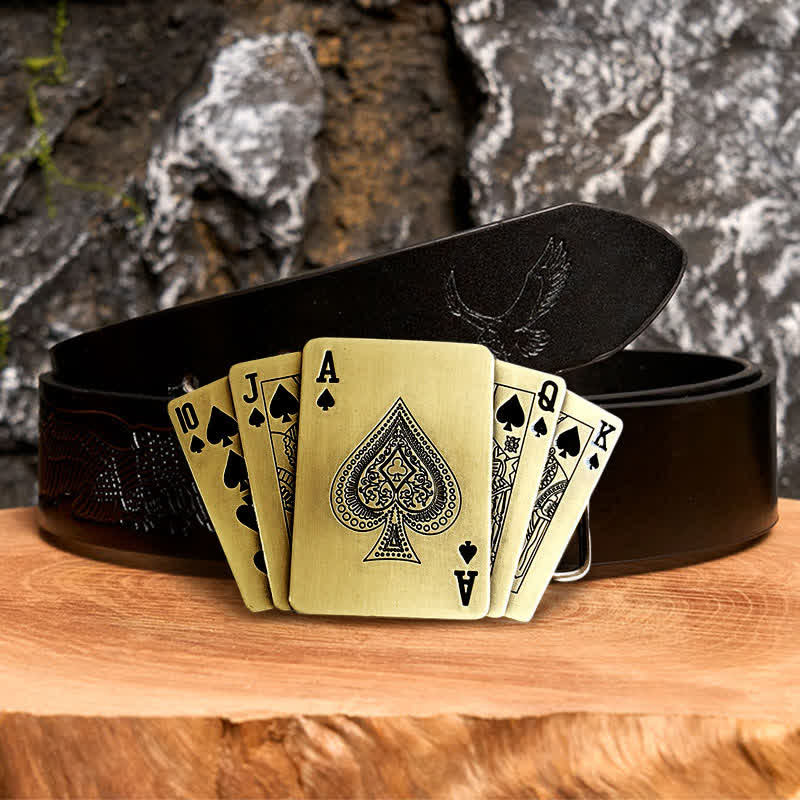 Cintura in pelle Royal Flush bronzo fai da te da uomo con accendino nascosto - Poker - Cintura aquila nera in rilievo - 42 - image 4