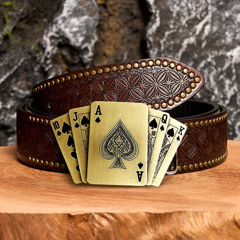 Cintura in pelle Royal Flush bronzo fai da te da uomo con accendino nascosto - Poker - Cintura con rivetti marroni - 42 - image 6