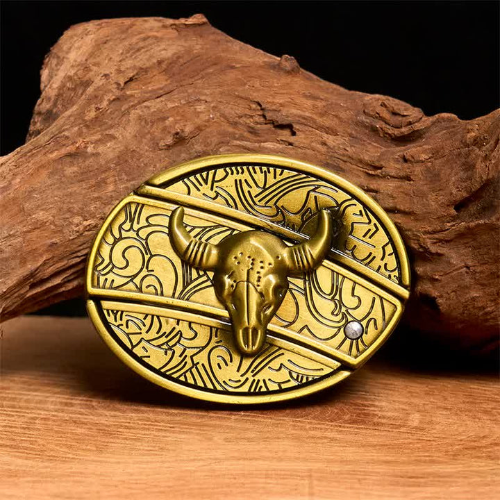 Cintura in pelle con coltello pieghevole nascosto Longhorn Bull in bronzo fai da te da uomo - Toro dalle lunghe corna - Senza cintura - Cintura non inclusa - image 0