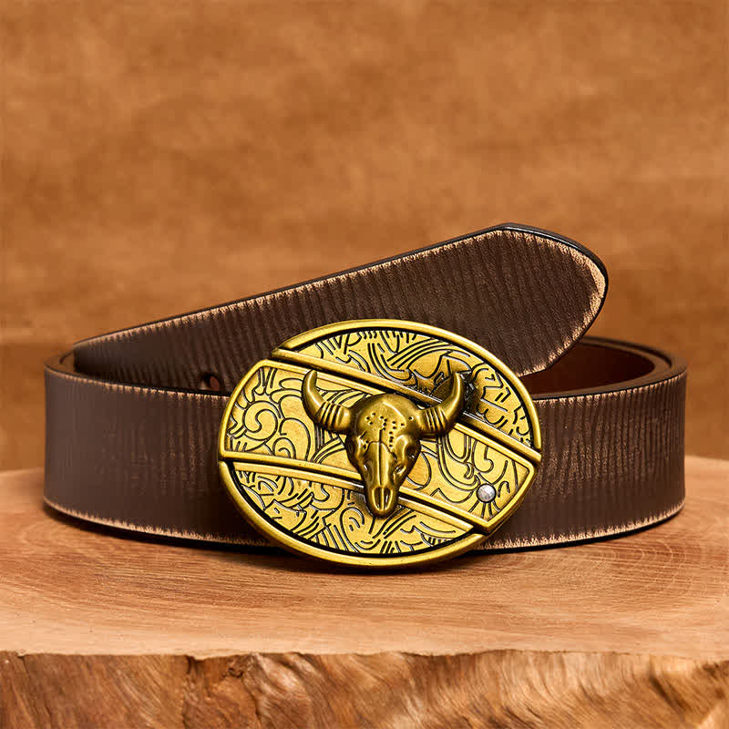 Cintura in pelle con coltello pieghevole nascosto Longhorn Bull in bronzo fai da te da uomo - Toro dalle lunghe corna - Cintura marrone anticata - 42 - image 8