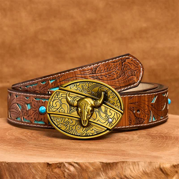 Cintura in pelle con coltello pieghevole nascosto Longhorn Bull in bronzo fai da te da uomo - Toro dalle lunghe corna - Cintura intagliata turchese - 42 - image 5
