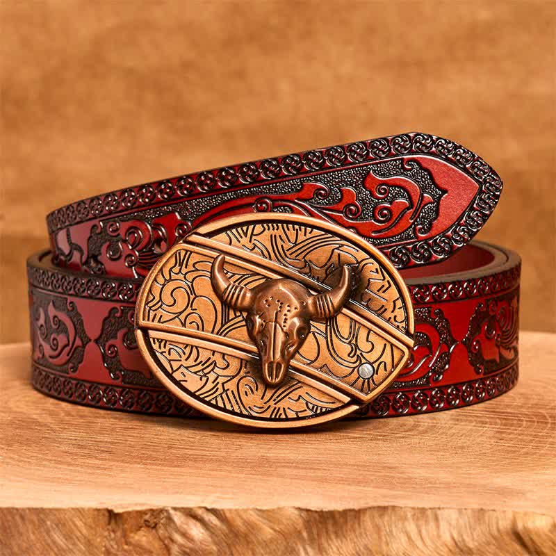 Cintura in pelle con coltello pieghevole nascosto Longhorn Bull in bronzo rosso fai da te da uomo - Toro dalle lunghe corna - Cintura marrone intagliata - 42 - image 7