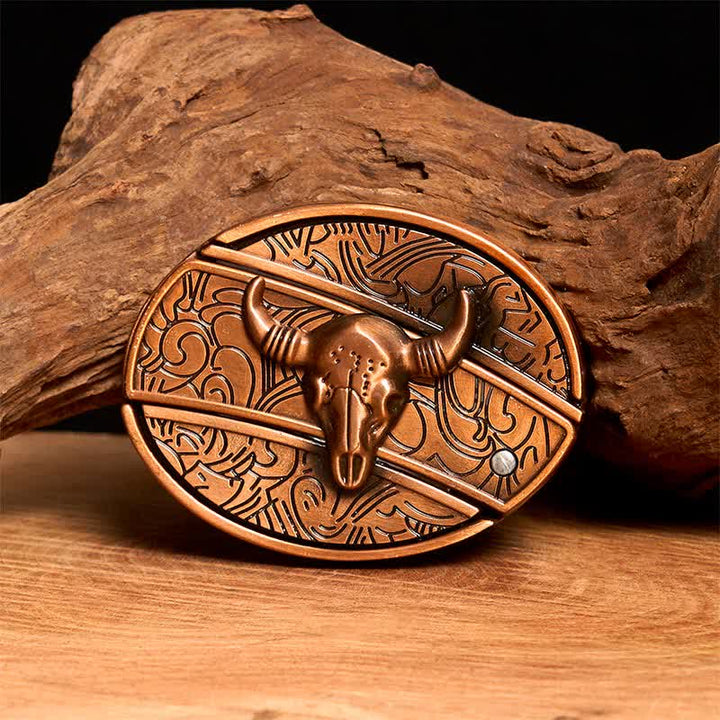 Cintura in pelle con coltello pieghevole nascosto Longhorn Bull in bronzo rosso fai da te da uomo - Toro dalle lunghe corna - Senza cintura - Cintura non inclusa - image 0